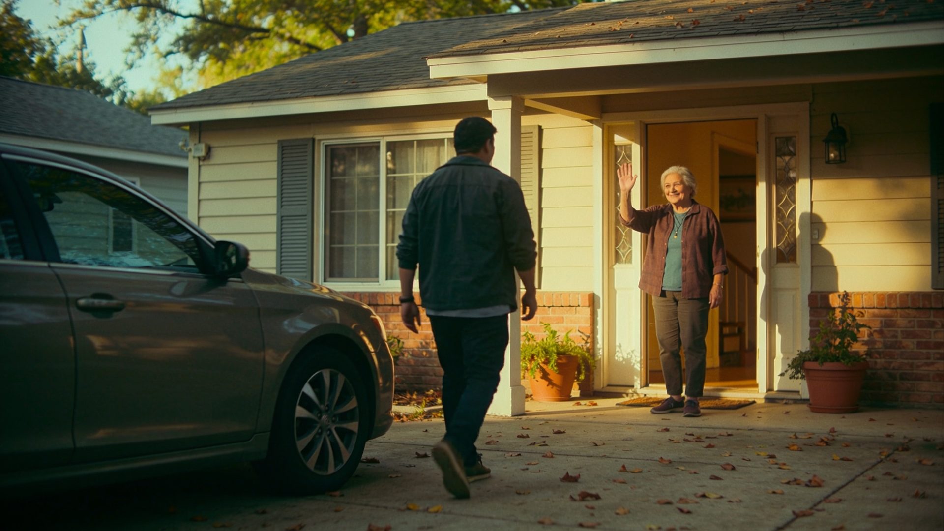 An elderly parent waving goodbye from a sunlit doorway as their adult child walks toward the car