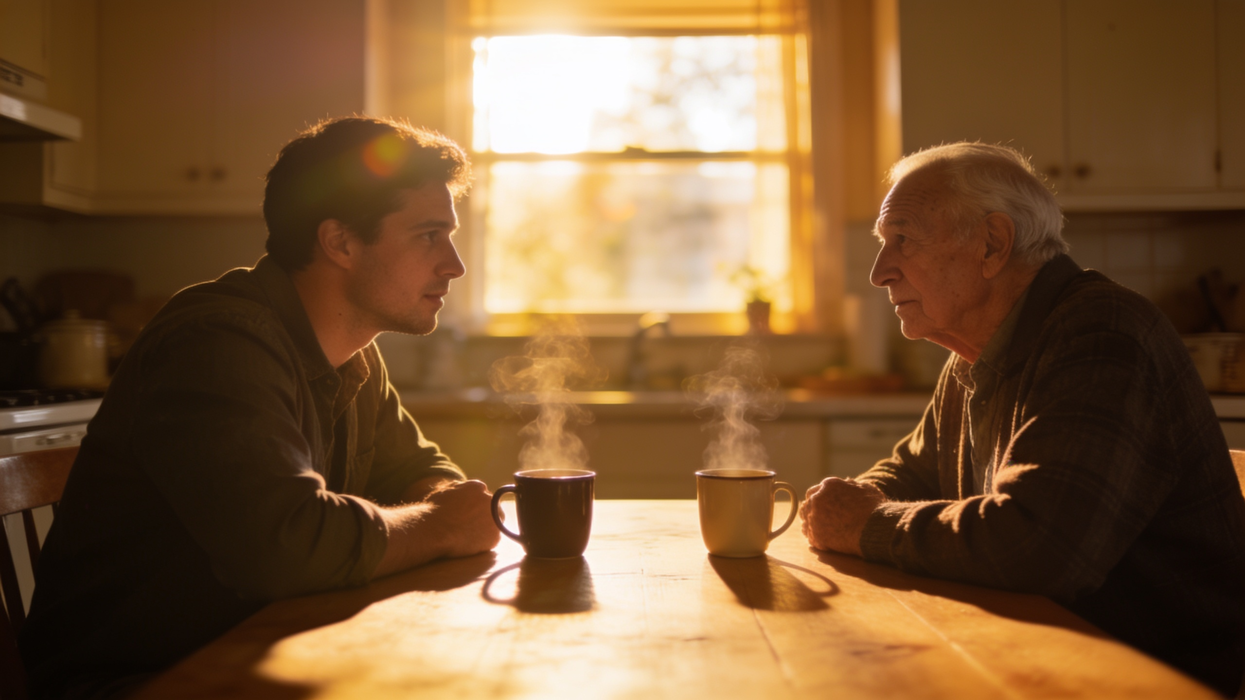 An adult son and his elderly father in an honest conversation at a kitchen table, golden hour light