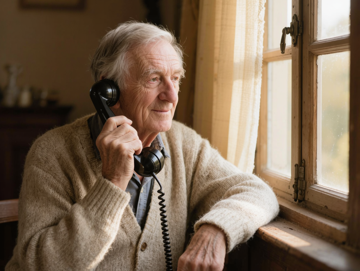 An elderly man sitting by a sunlit window, lost in a memory from decades ago