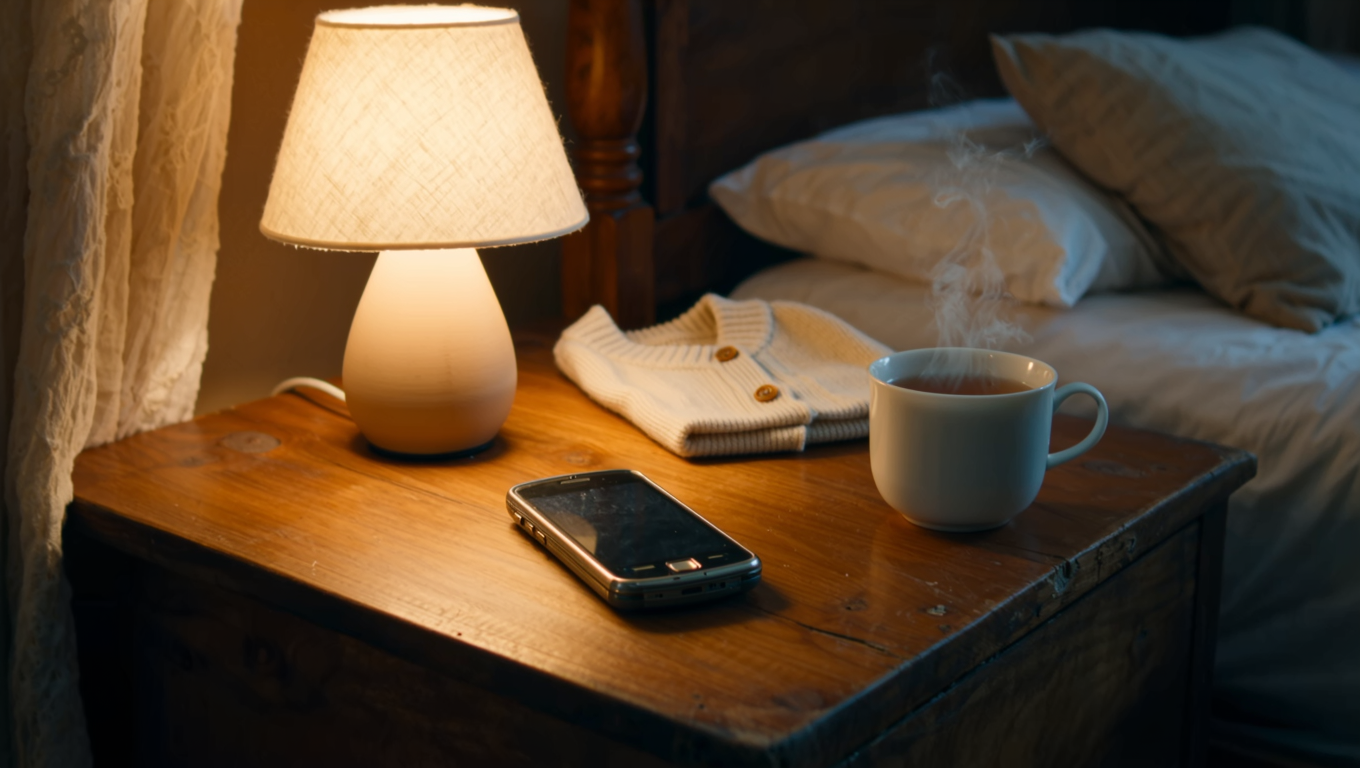 An old smartphone resting on a nightstand beside a softly glowing lamp in the evening