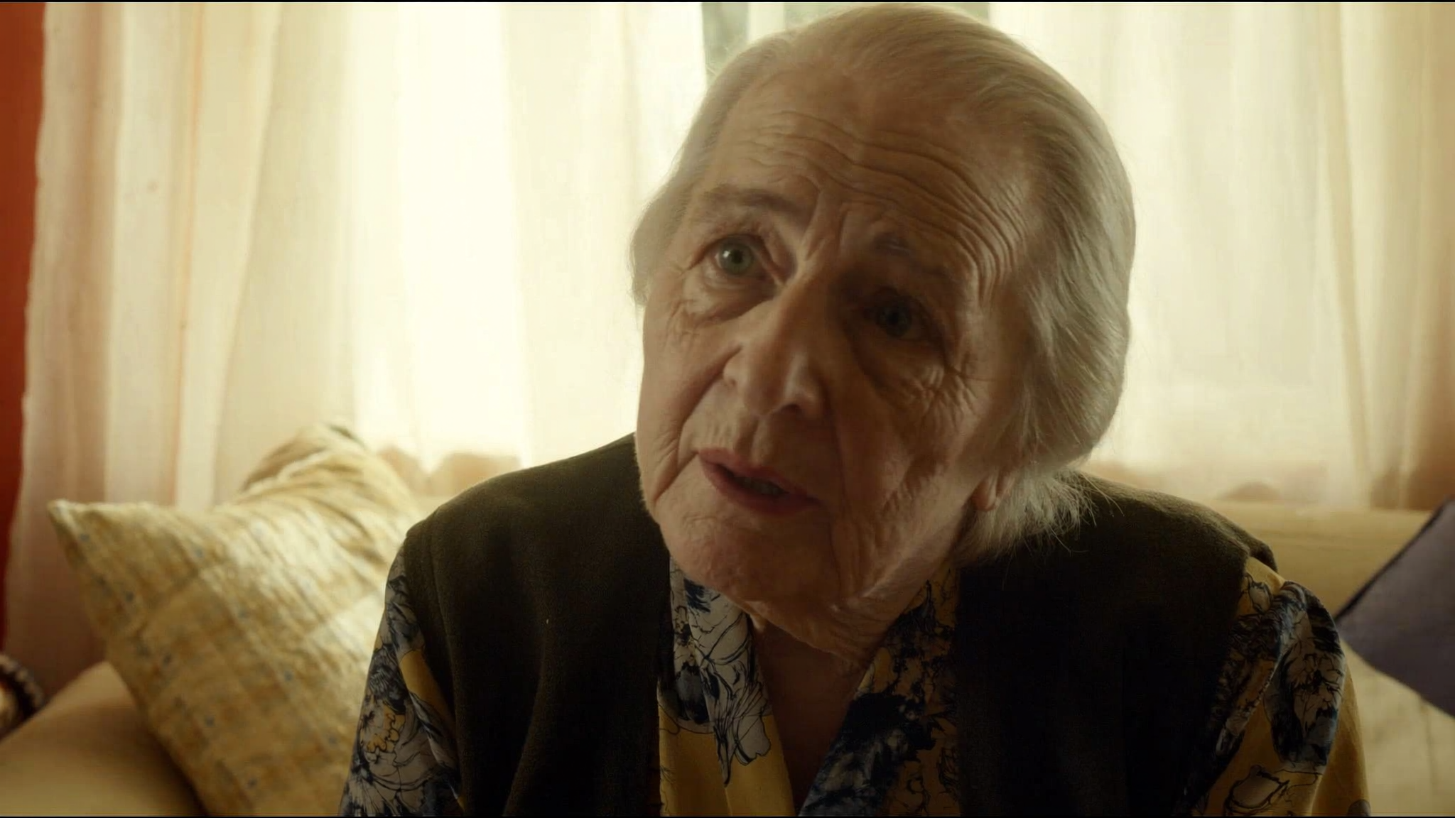 A grandmother sitting by a sunlit window, caught mid story with a warm, thoughtful expression